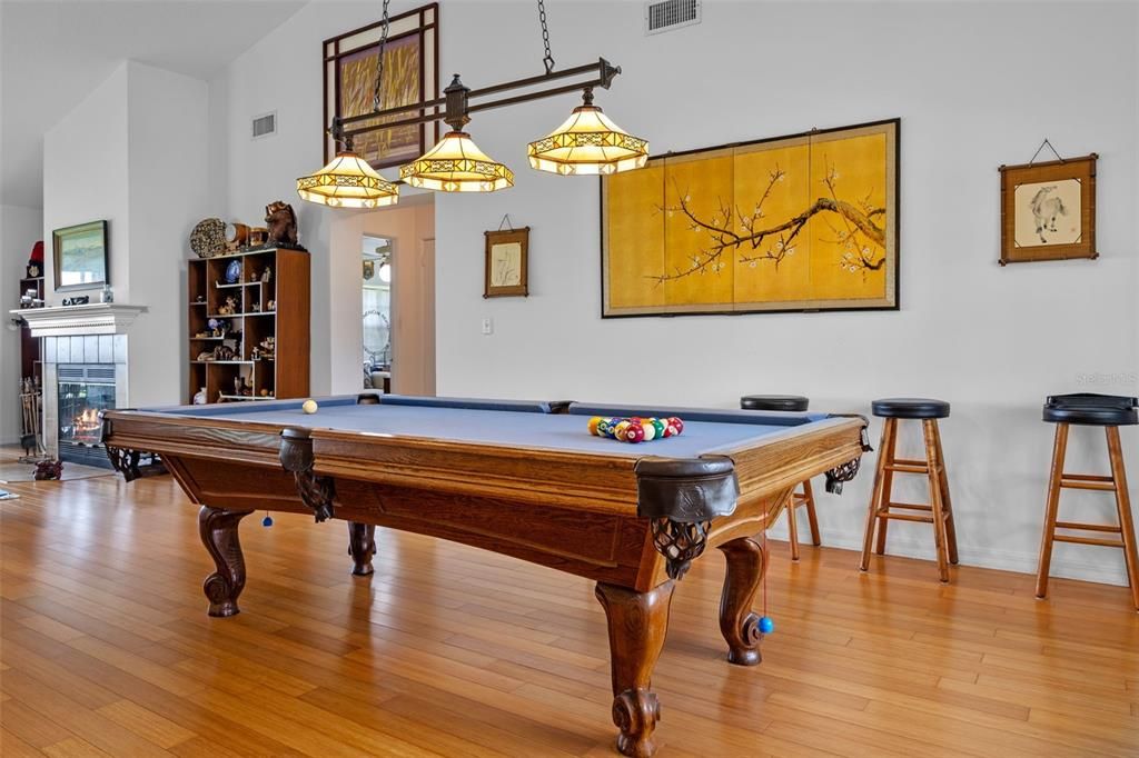 Billiard Table, Fireplace, Game Room, Interior, Pendant Lights, Wood Texture Flooring