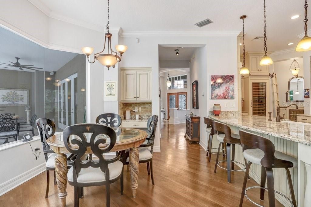Dining room, Interior, Pendant Lights, Recessed Lighting, Wood Texture Flooring