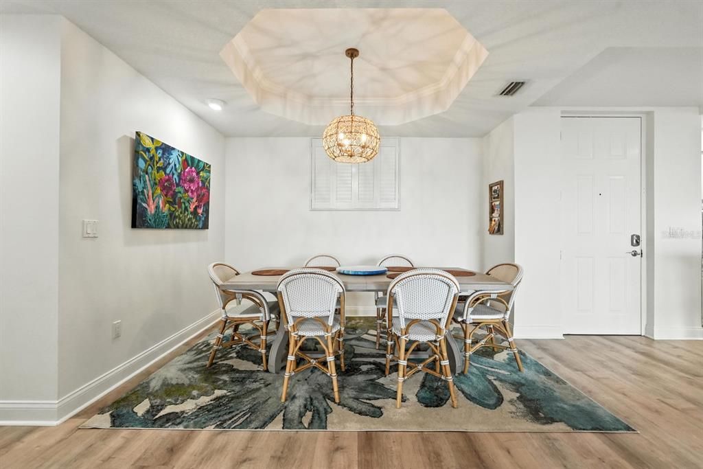 Dining room, Interior, Pendant Lights, Recessed Lighting, Wood Texture Flooring