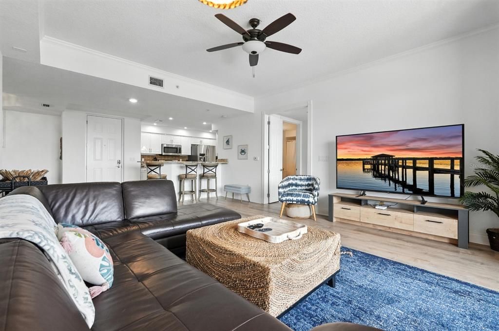 Interior, Kitchen, Living room, Recessed Lighting, Stainless Steel Appliances, Water, Wood Texture Flooring