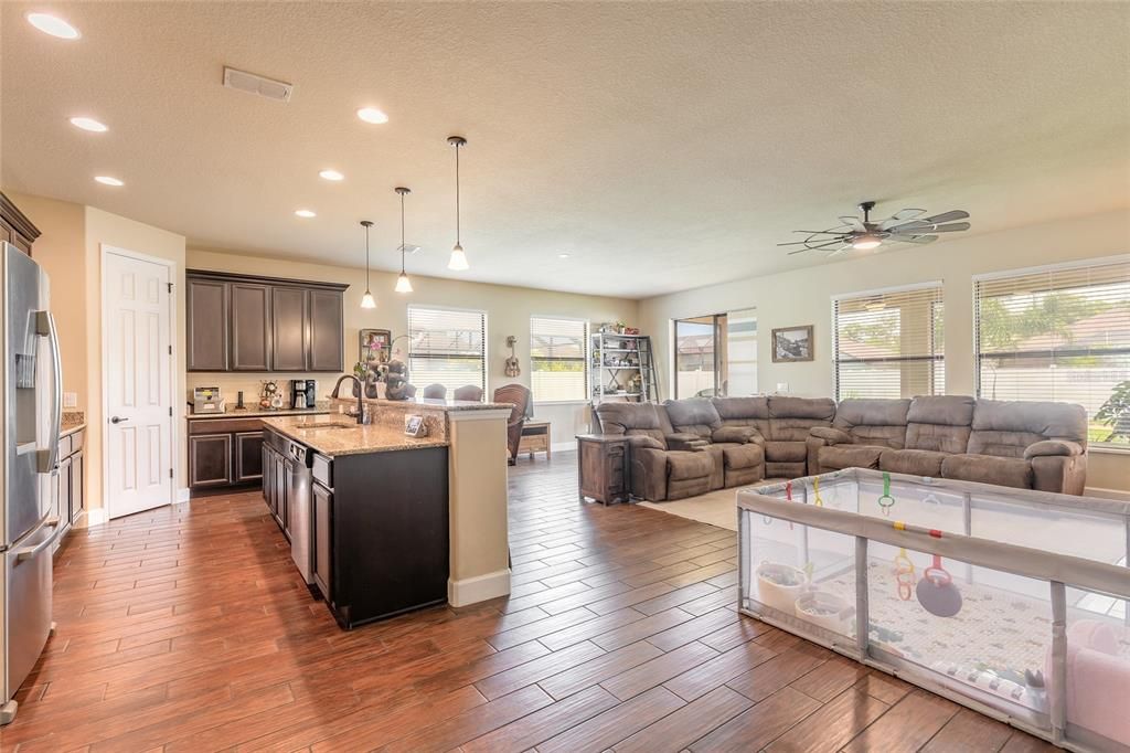 Interior, Kitchen, Living room, Pendant Lights, Recessed Lighting, Wood Texture Flooring