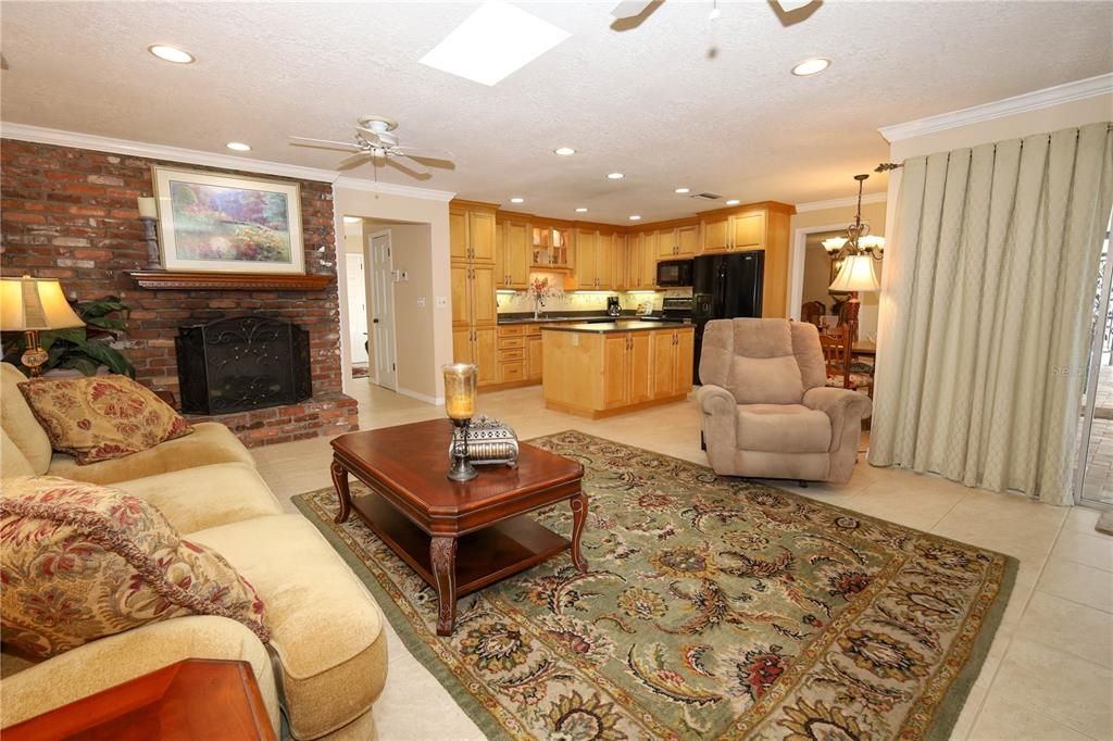 Fireplace, Interior, Kitchen, Living room, Pendant Lights, Recessed Lighting, Stone Walls
