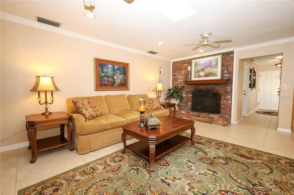 Fireplace, Interior, Living room, Recessed Lighting, Stone Walls