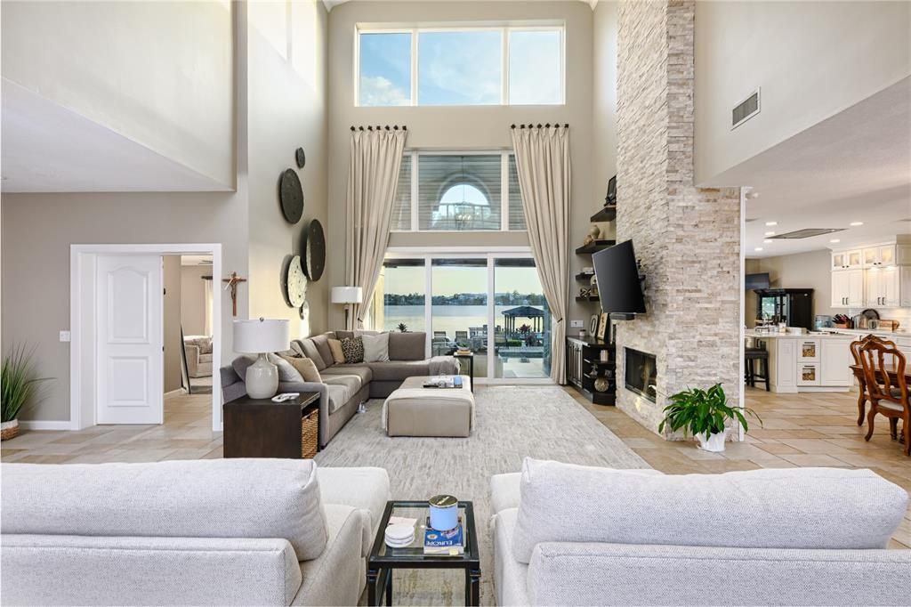 Dining room, Fireplace, Interior, Kitchen, Living room, Recessed Lighting, Stone Walls
