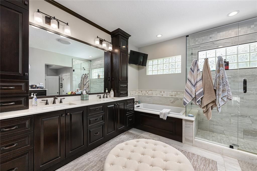 Bathroom, Dual Sink Vanities, Glass Shower, Interior, Recessed Lighting
