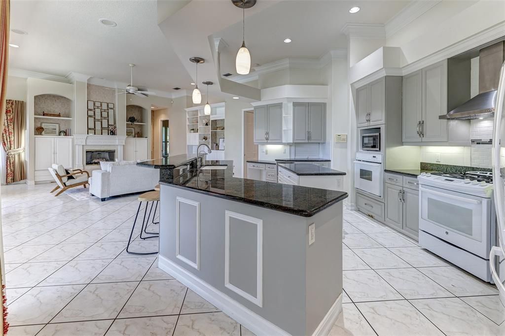 Dining room, Fireplace, Interior, Kitchen, Living room, Marble, Pendant Lights, Recessed Lighting