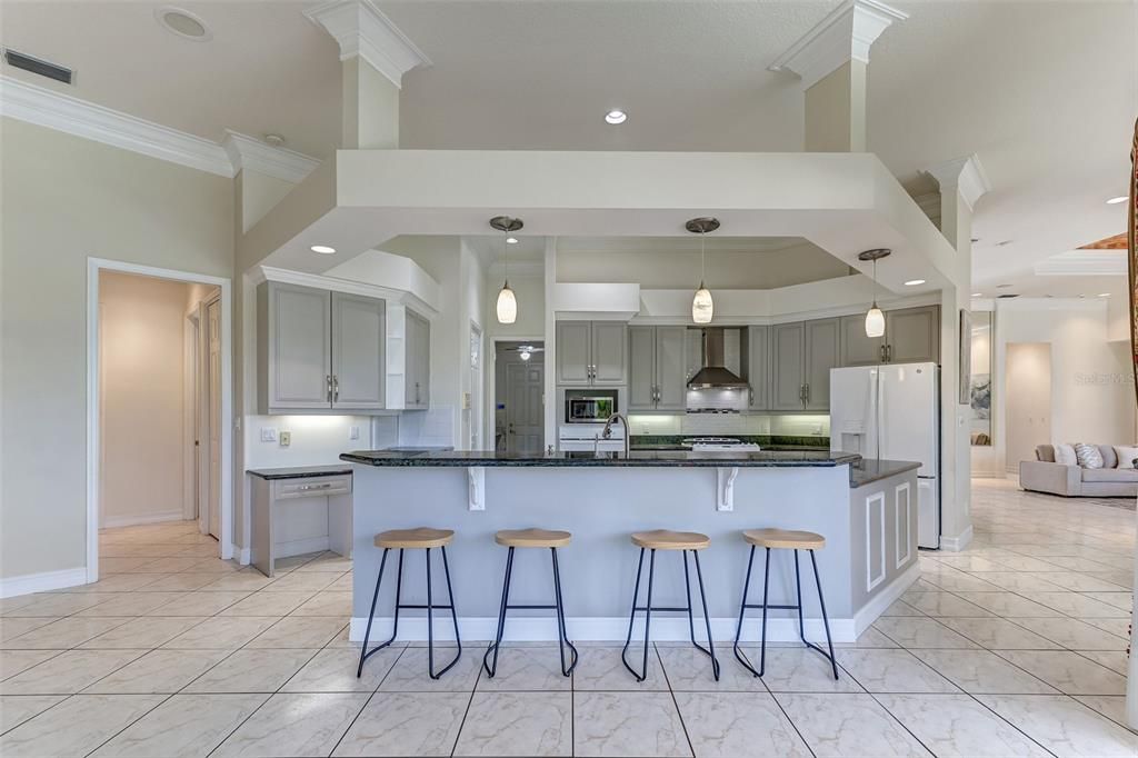 Interior, Kitchen, Marble, Pendant Lights, Recessed Lighting, Stainless Steel Appliances