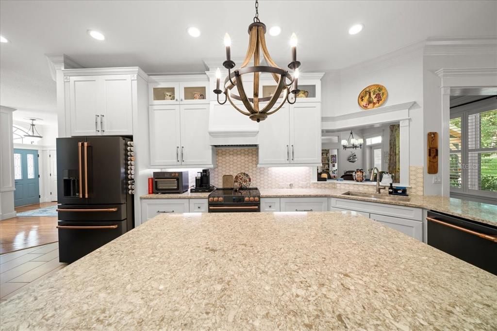 Chandelier, Interior, Kitchen, Pendant Lights, Recessed Lighting, Wood Texture Flooring