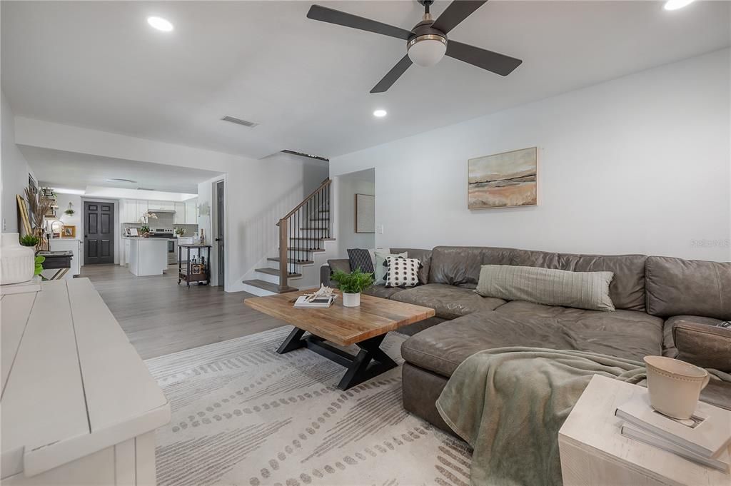 Interior, Kitchen, Living room, Recessed Lighting, Wood Texture Flooring