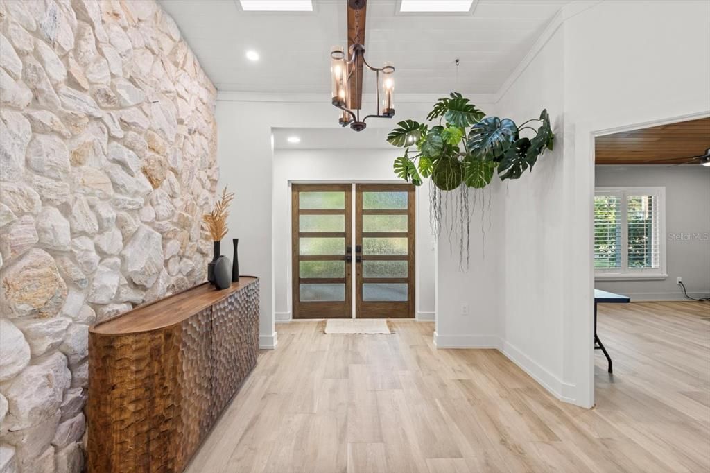 Interior, Pendant Lights, Recessed Lighting, Stone Walls, Wood Texture Flooring