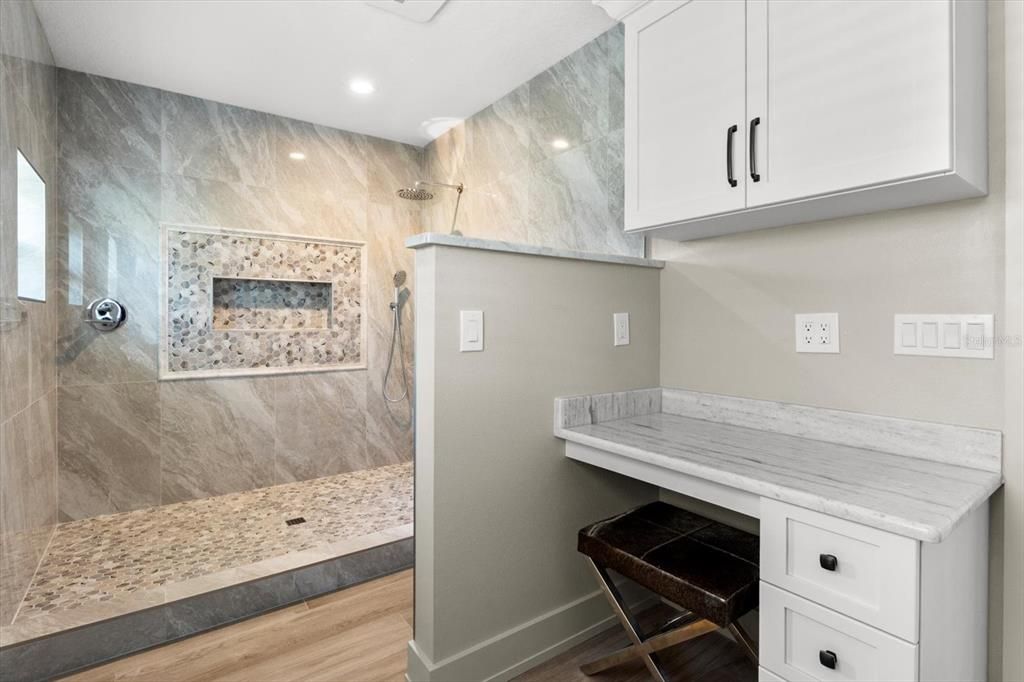 Bathroom, Fireplace, Interior, Marble Walls, Recessed Lighting, Wood Texture Flooring