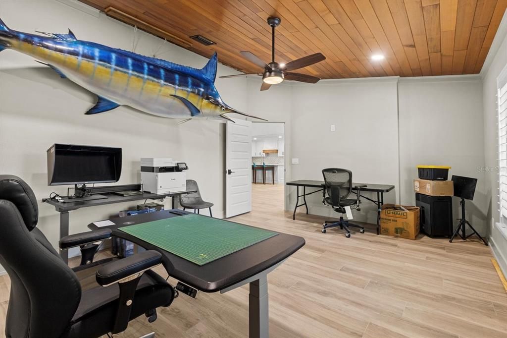 Home Office, Interior, Recessed Lighting, Wooden Ceilings, Wood Texture Flooring
