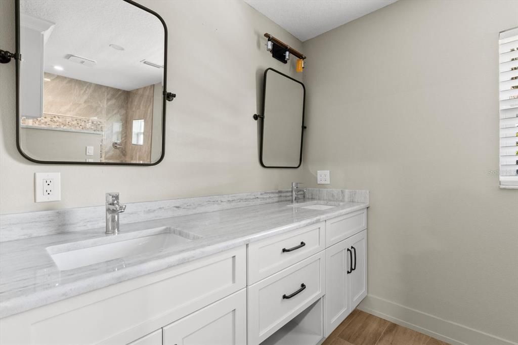 Bathroom, Dual Sink Vanities, Interior, Recessed Lighting, Wood Texture Flooring