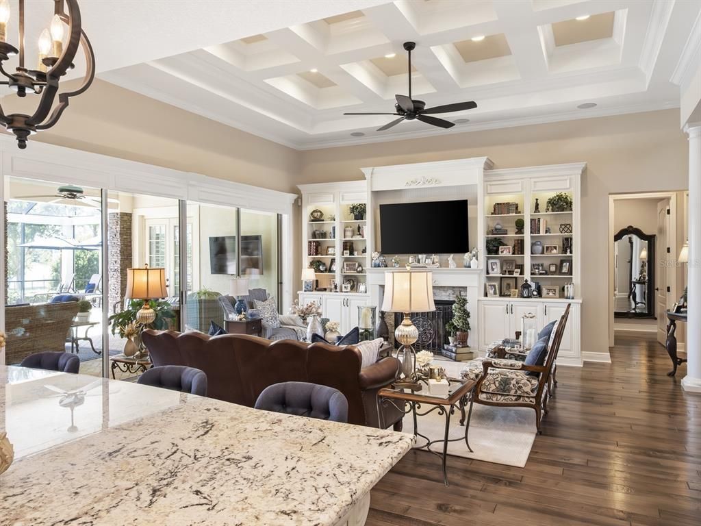 Fireplace, Interior, Living room, Recessed Lighting, Wood Texture Flooring