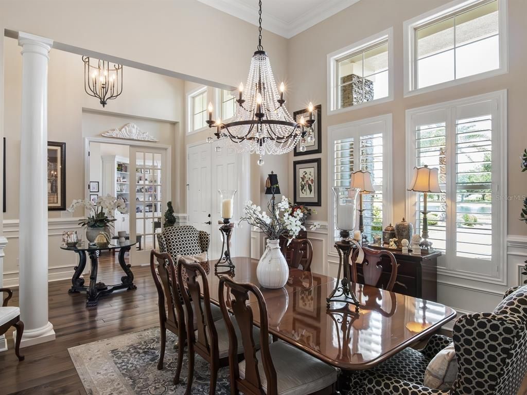 Chandelier, Dining room, Interior, Wood Texture Flooring