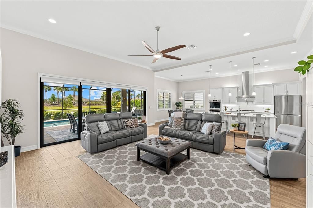 Interior, Kitchen, Living room, Pendant Lights, Recessed Lighting, Stainless Steel Appliances, Wood Texture Flooring