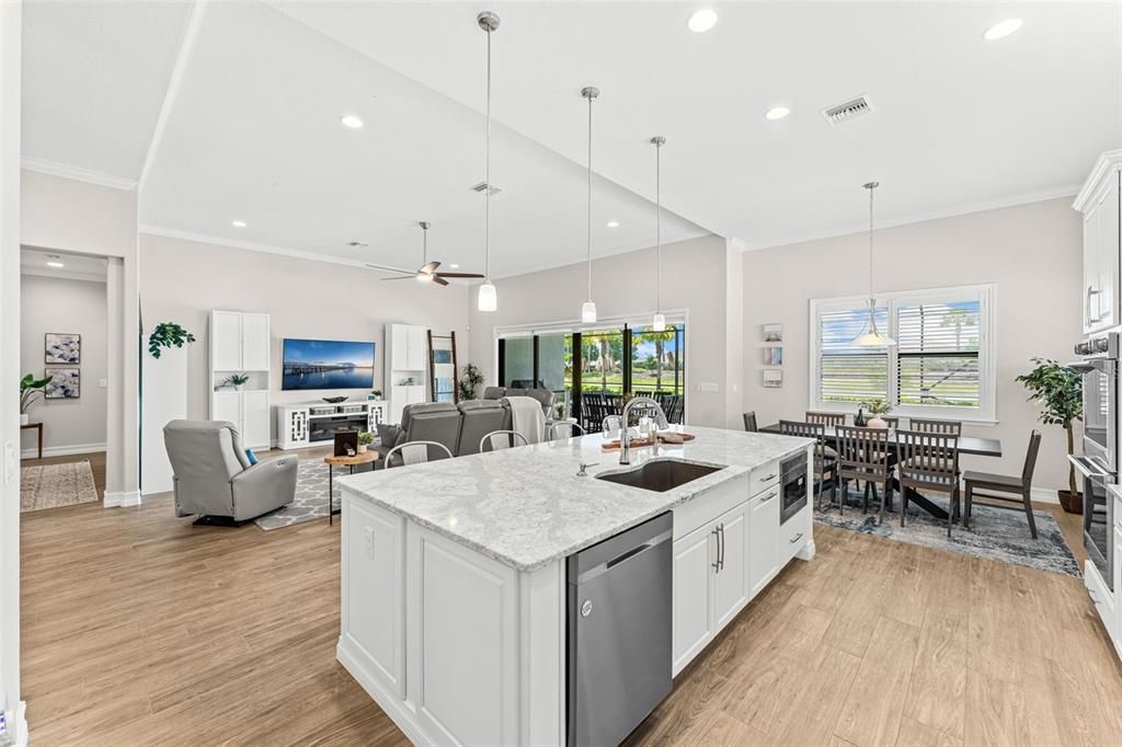 Dining room, Fireplace, Interior, Kitchen, Living room, Pendant Lights, Recessed Lighting, Wood Texture Flooring