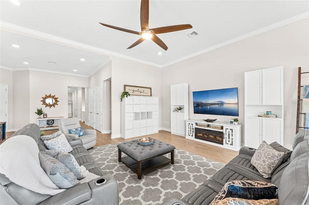 Fireplace, Interior, Living room, Recessed Lighting, Wood Texture Flooring