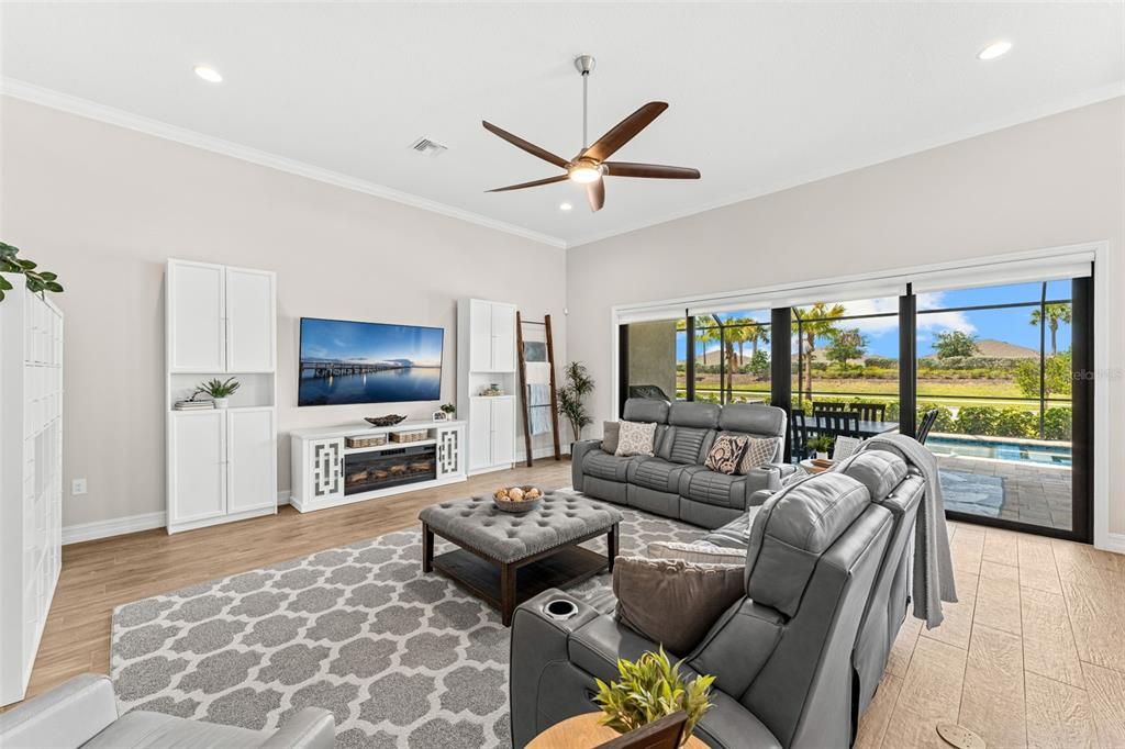 Fireplace, Interior, Living room, Recessed Lighting, Wood Texture Flooring