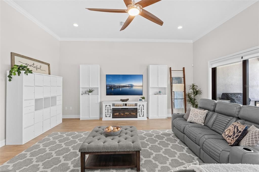 Fireplace, Interior, Living room, Recessed Lighting, Wood Texture Flooring