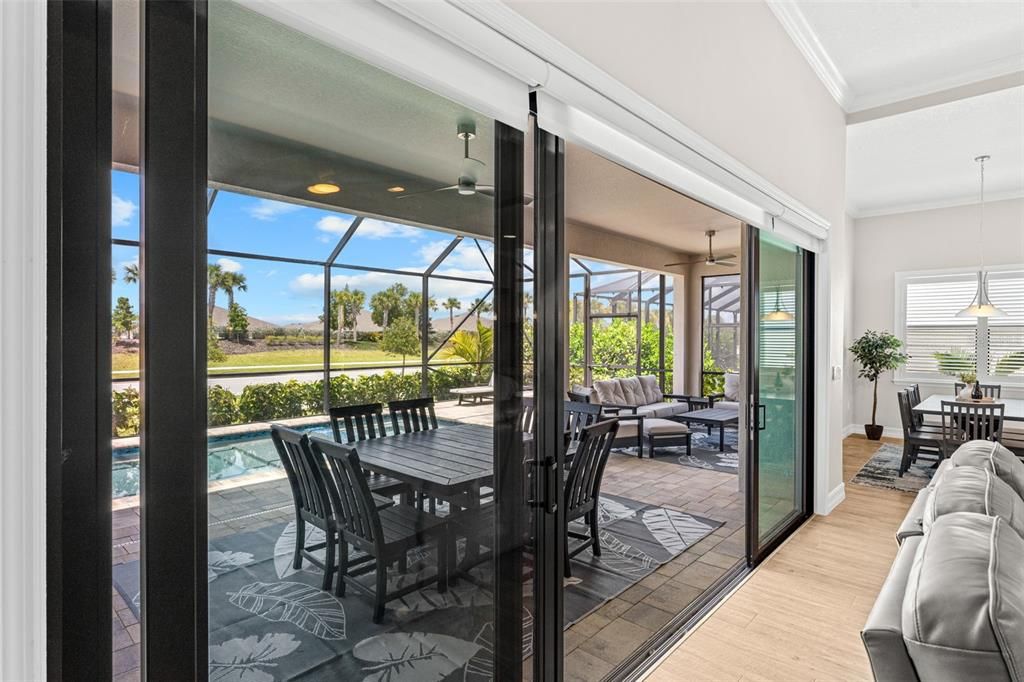 Dining room, Glass Ceilings, Interior, Pendant Lights, Pool, Sun Room, Wood Texture Flooring