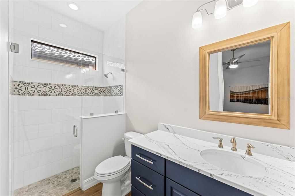 Bathroom, Glass Shower, Interior, Recessed Lighting, Wood Texture Flooring