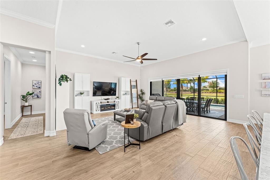 Fireplace, Interior, Living room, Recessed Lighting, Wood Texture Flooring