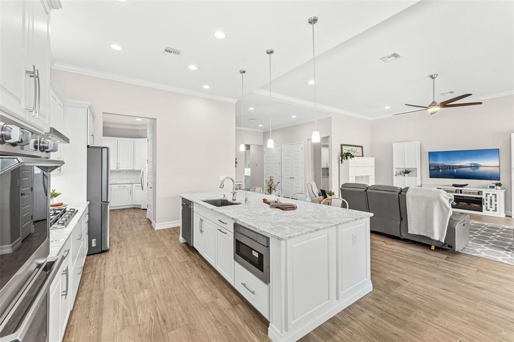 Interior, Kitchen, Living room, Pendant Lights, Recessed Lighting, Stainless Steel Appliances, Wood Texture Flooring