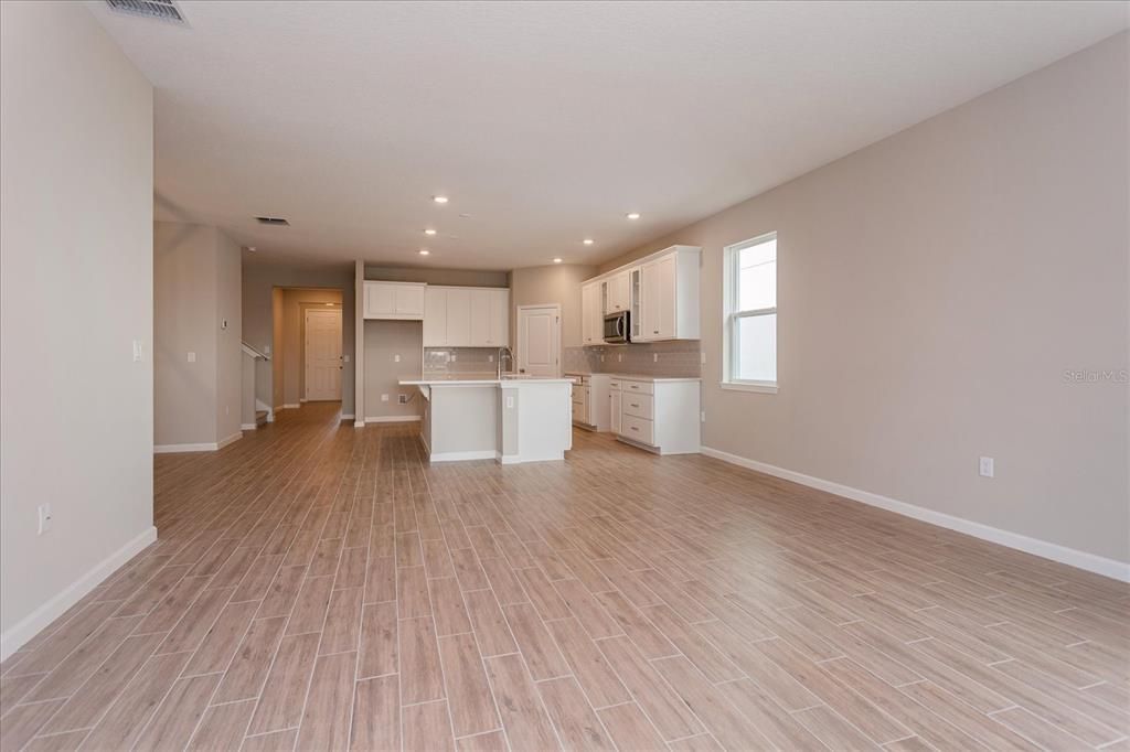 Empty room, Interior, Kitchen, Recessed Lighting, Wood Texture Flooring
