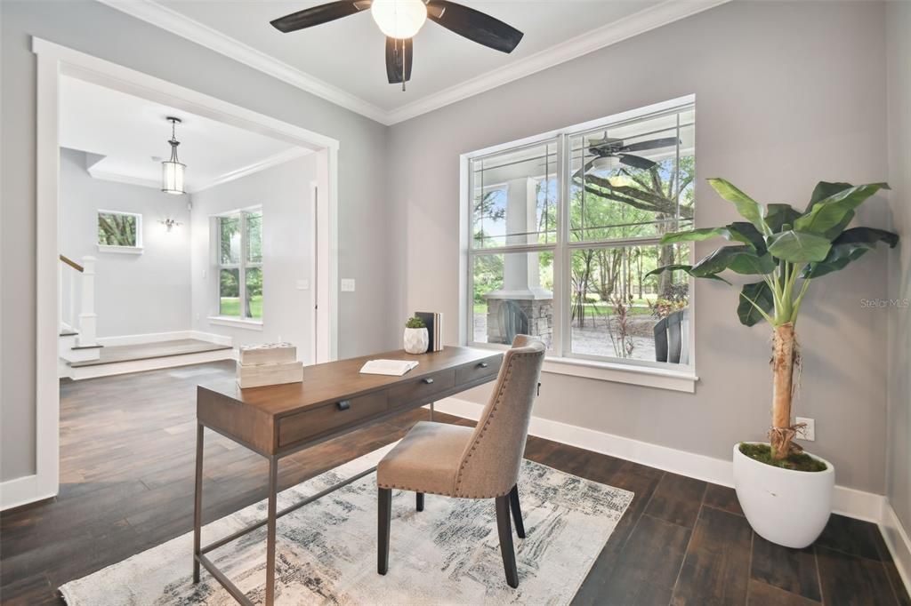 Home Office, Interior, Pendant Lights, Wood Texture Flooring