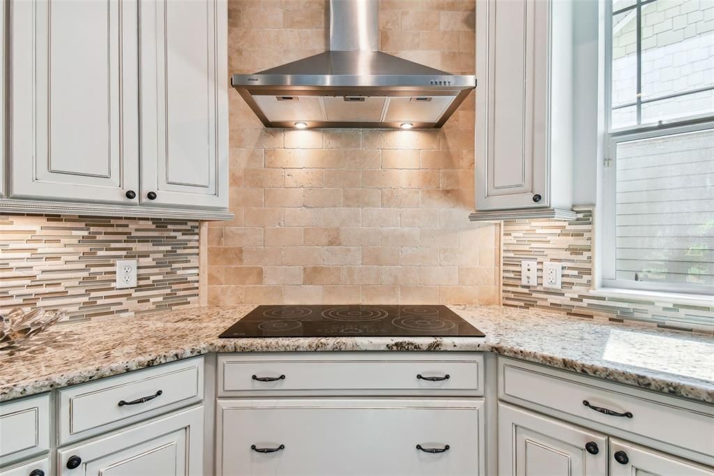 Interior, Kitchen, Recessed Lighting, Stainless Steel Appliances, Stone Walls