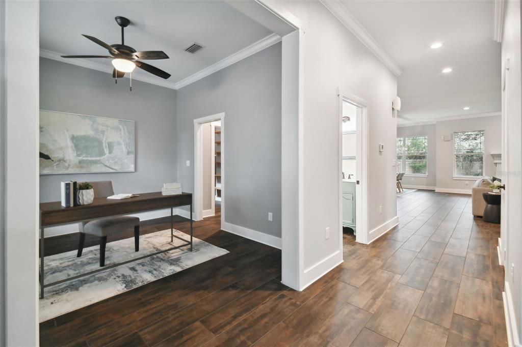 Home Office, Interior, Recessed Lighting, Wood Texture Flooring