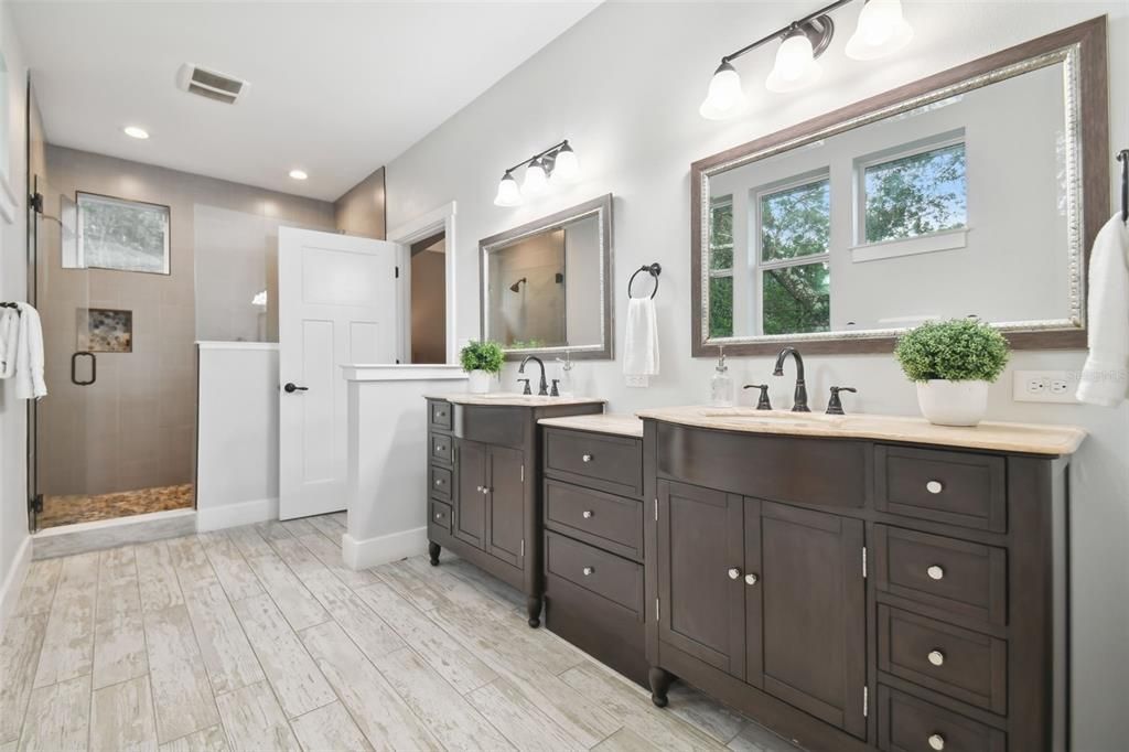 Bathroom, Dual Sink Vanities, Glass Shower, Interior, Recessed Lighting, Wood Texture Flooring