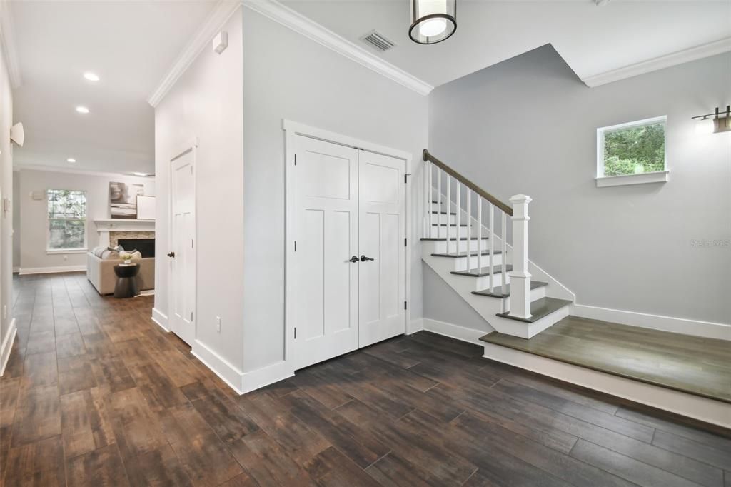 Fireplace, Interior, Recessed Lighting, Wood Texture Flooring