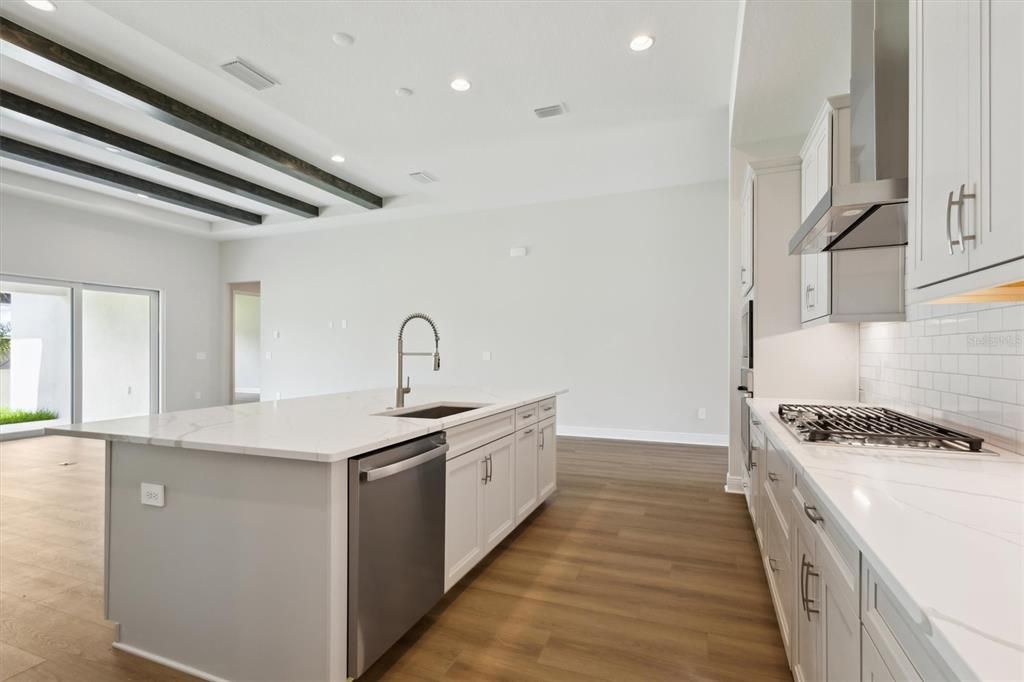 Interior, Kitchen, Recessed Lighting, Stainless Steel Appliances, Wooden Beams, Wood Texture Flooring