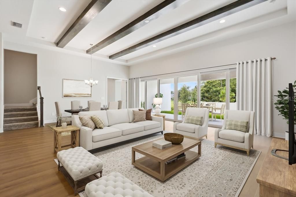 Chandelier, Dining room, Interior, Living room, Recessed Lighting, Wooden Beams, Wood Texture Flooring