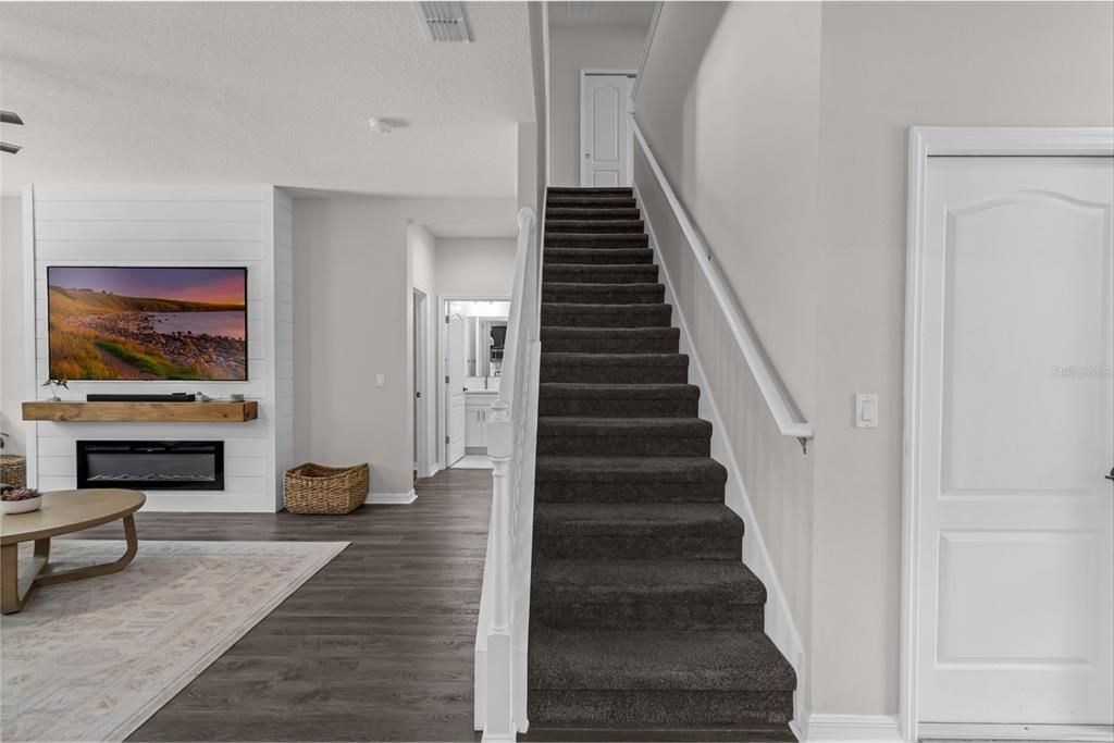 Fireplace, Interior, Recessed Lighting, Wood Texture Flooring