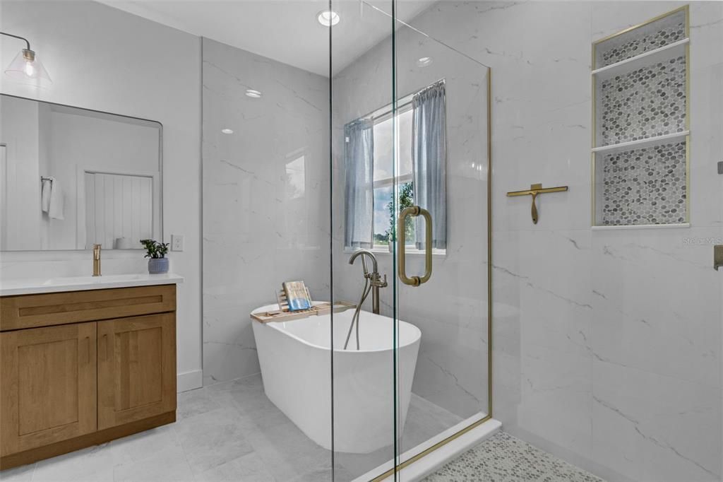 Bathroom, Free Standing Baths, Glass Shower, Interior, Marble Walls, Recessed Lighting