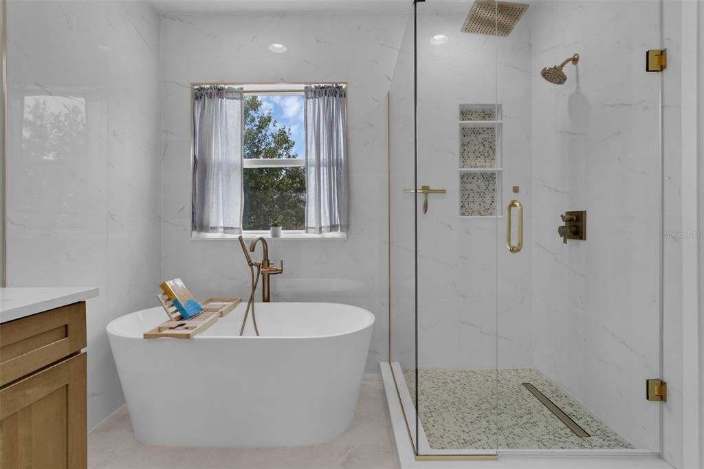 Bathroom, Free Standing Baths, Glass Shower, Interior, Marble Walls, Recessed Lighting