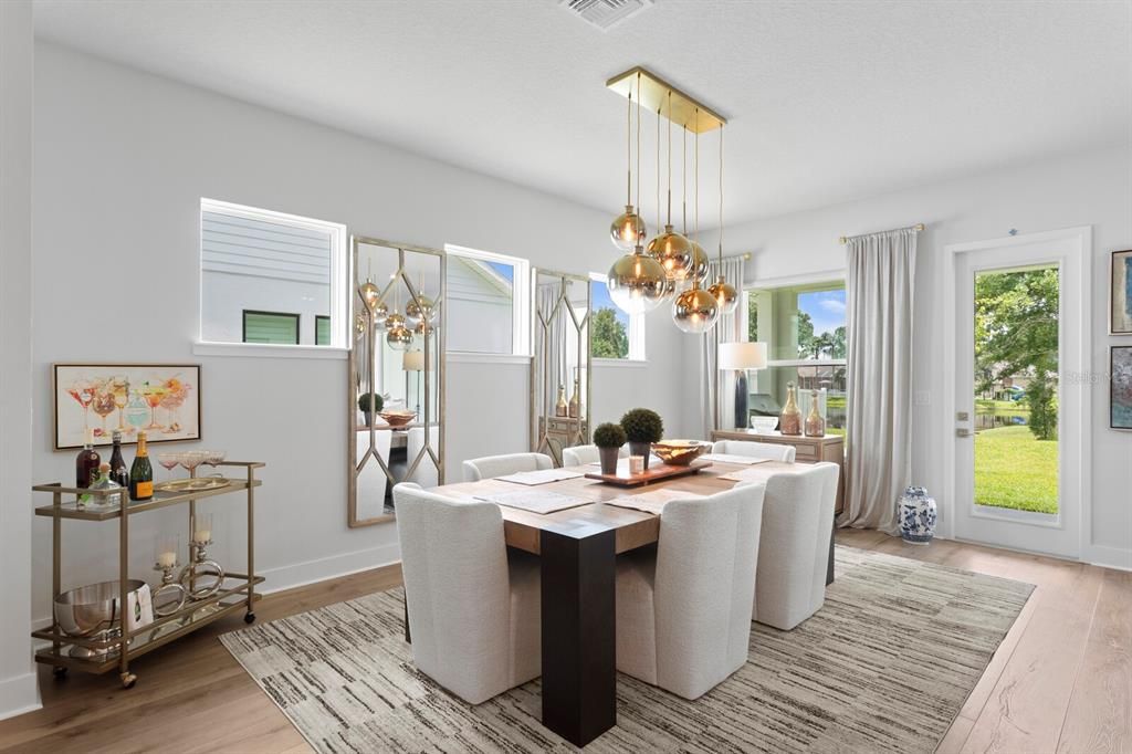 Dining room, Interior, Pendant Lights, Wood Texture Flooring