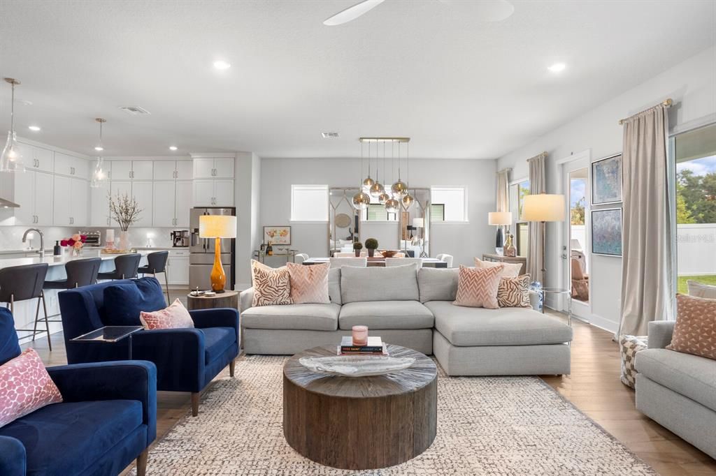 Dining room, Interior, Kitchen, Living room, Pendant Lights, Recessed Lighting, Stainless Steel Appliances, Wood Texture Flooring