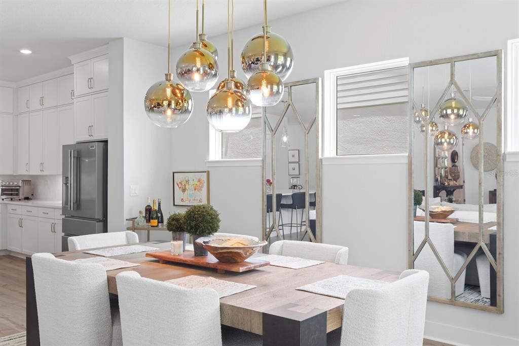 Dining room, Interior, Kitchen, Pendant Lights, Recessed Lighting, Wood Texture Flooring