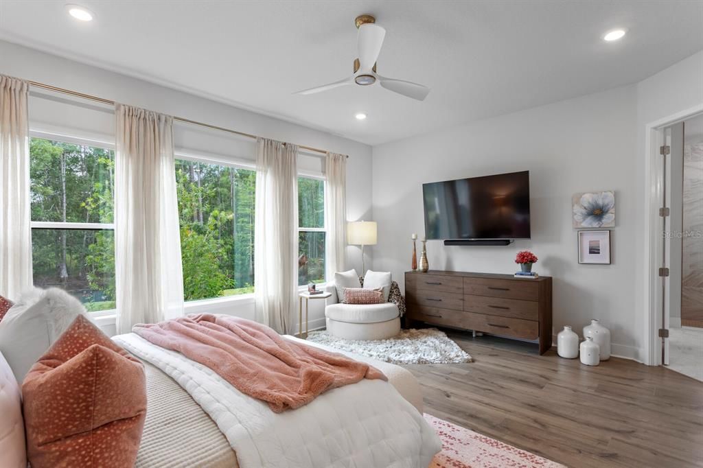 Bedroom, Interior, Recessed Lighting, Wood Texture Flooring