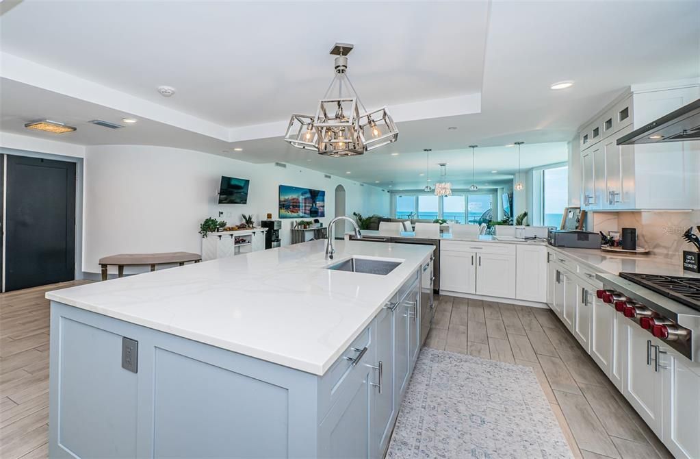 Chandelier, Interior, Kitchen, Pendant Lights, Recessed Lighting, Stainless Steel Appliances, Wood Texture Flooring