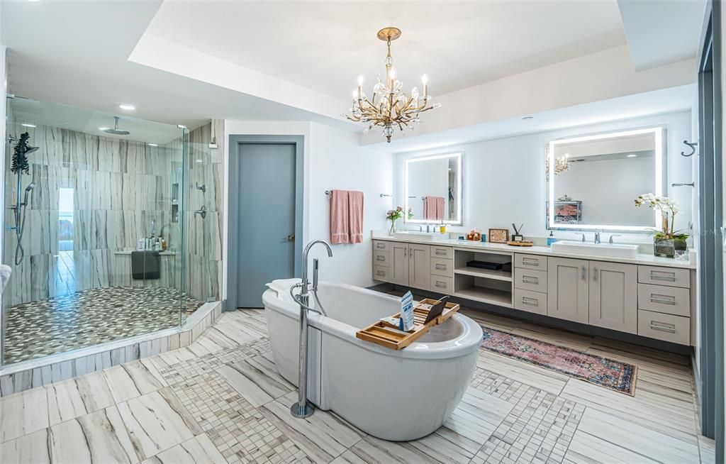 Bathroom, Chandelier, Dual Sink Vanities, Free Standing Baths, Glass Shower, Interior, Recessed Lighting