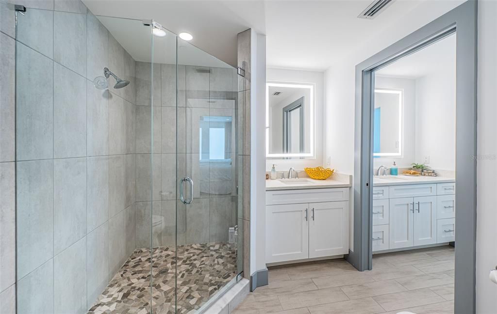Bathroom, Dual Sink Vanities, Glass Shower, Interior, Recessed Lighting