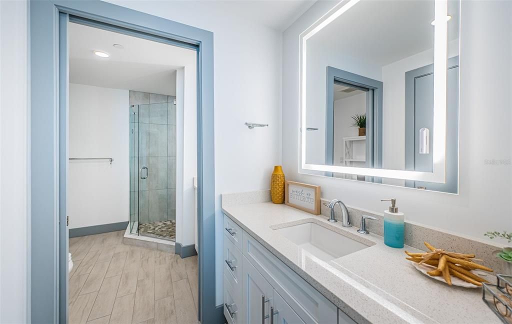 Bathroom, Glass Shower, Interior, Recessed Lighting, Wood Texture Flooring