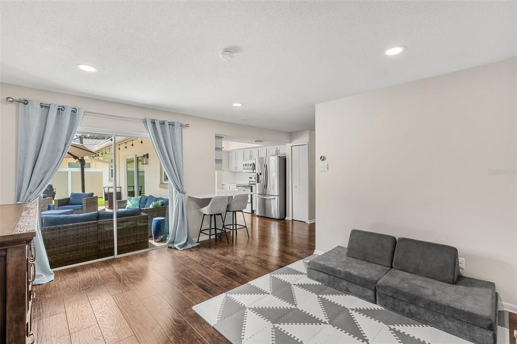 Interior, Kitchen, Living room, Recessed Lighting, Stainless Steel Appliances, Wood Texture Flooring