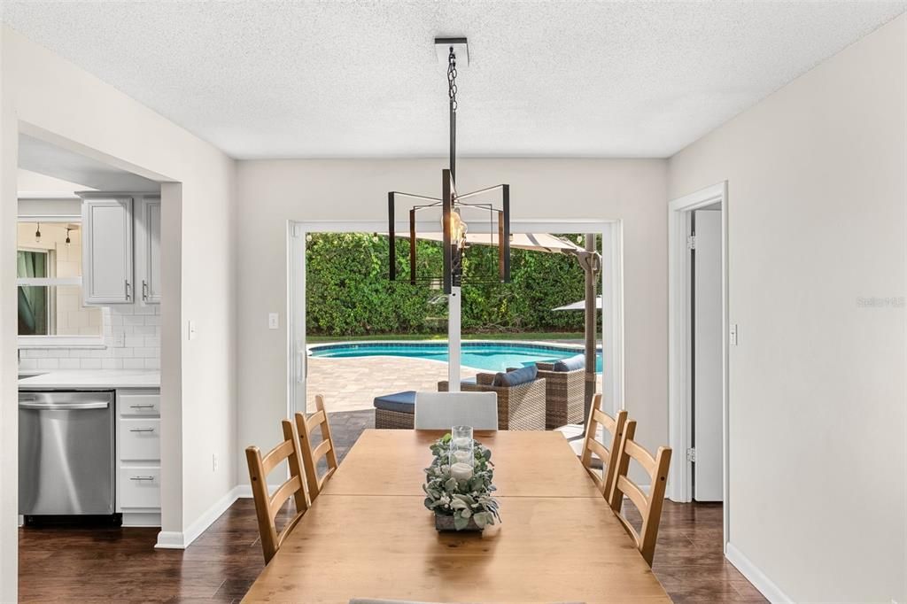 Dining room, Interior, Kitchen, Pendant Lights, Wood Texture Flooring
