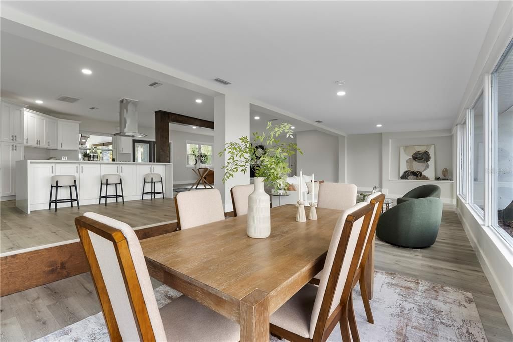 Dining room, Interior, Kitchen, Recessed Lighting, Wood Texture Flooring